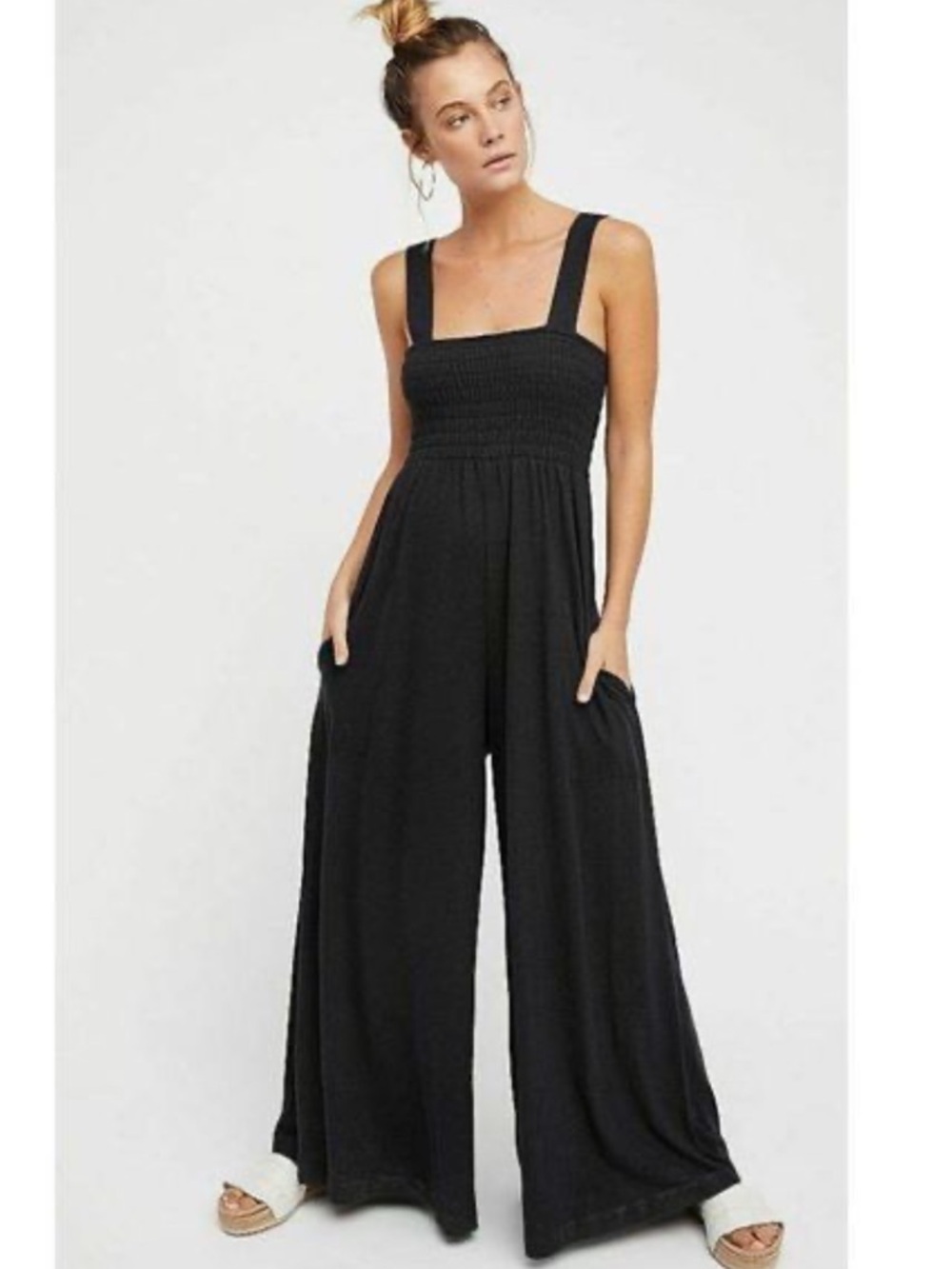 Free People Black Smocked Wide-Leg Jumpsuit